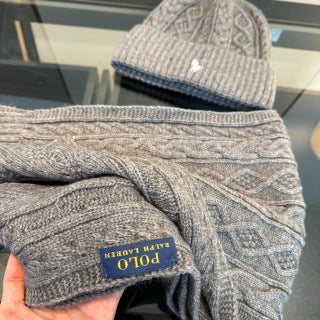 Ralph Lauren Hat Gray Cable-Knit Beanie and Scarf Set