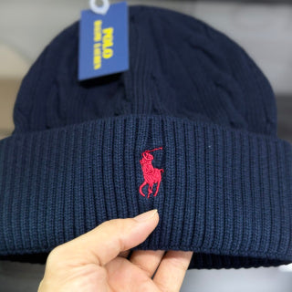 Ralph Lauren Hat Navy Cable Knit Beanie with Red Pony Embroidery