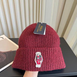 Ralph Lauren Hat Deep Burgundy Ribbed Knit Beanie with Front Polo Bear Patch