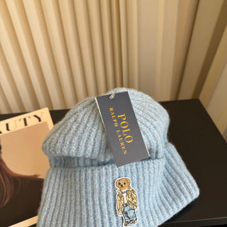 Ralph Lauren Hat Light Blue Ribbed Knit Beanie with Front Polo Bear Patch