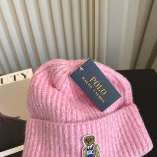Ralph Lauren Hat Soft Pink Ribbed Knit Beanie with Front Polo Bear Patch