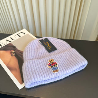 Ralph Lauren Hat Pale Lilac Ribbed Knit Beanie with Front Polo Bear Patch