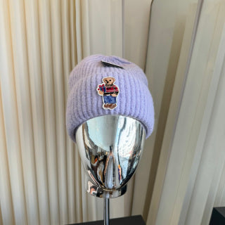 Ralph Lauren Hat Pale Lilac Ribbed Knit Beanie with Front Polo Bear Patch