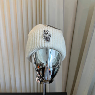Ralph Lauren Hat Ivory Ribbed Knit Beanie with Front Polo Bear Patch