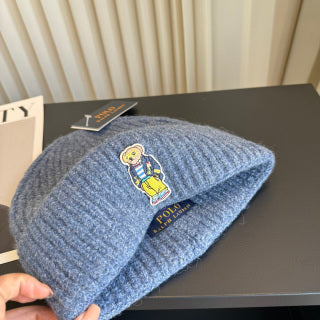 Ralph Lauren Hat Heather Blue Ribbed Knit Beanie with Front Bear Patch
