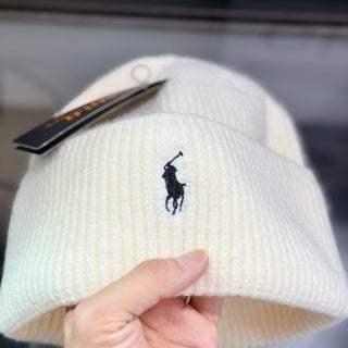 Ralph Lauren Hat Cream Fold-Cuff Black Pony Ribbed Beanie