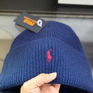Ralph Lauren Hat Royal Blue Ribbed-Knit Red Pony Beanie