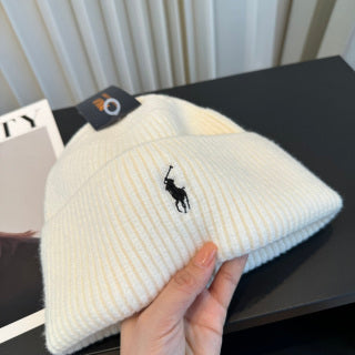 Ralph Lauren Hat Ivory Ribbed-Knit Black Pony Beanie