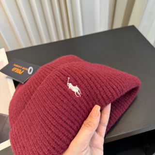 Ralph Lauren Hat Burgundy Ribbed-Knit White Pony Beanie