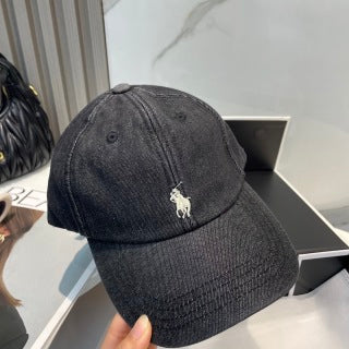 Ralph Lauren Hat Washed Black White Pony Contrast Stitch Cap