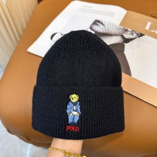 Ralph Lauren Hat Black Ribbed Polo Bear Knit Beanie