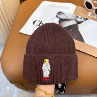Ralph Lauren Hat Brown Ribbed Bear Patch Knit Beanie