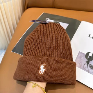 Ralph Lauren Hat Cognac Brown White Pony Ribbed Cuff Beanie
