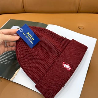 Ralph Lauren Hat Burgundy White Pony Ribbed Foldover Beanie