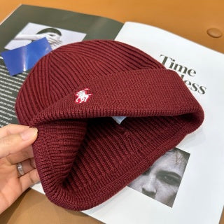 Ralph Lauren Hat Burgundy White Pony Ribbed Foldover Beanie