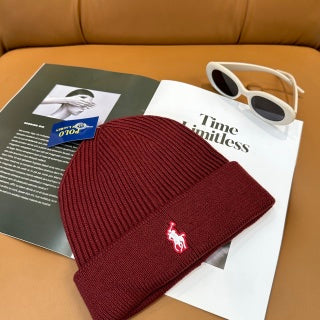 Ralph Lauren Hat Burgundy White Pony Ribbed Foldover Beanie