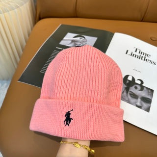 Ralph Lauren Hat Blush Pink Black Pony Ribbed Cuff Beanie