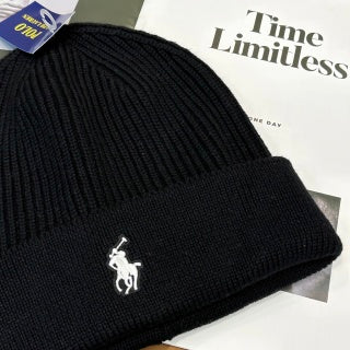 Ralph Lauren Hat Black White Pony Front Ribbed Beanie
