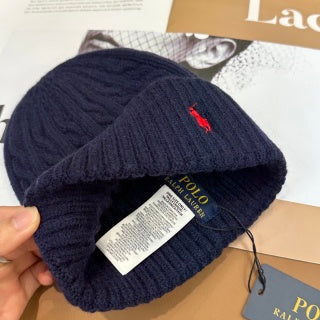 Ralph Lauren Hat Navy Contrast Pony Ribbed Knit Beanie