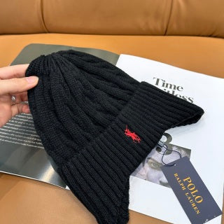 Ralph Lauren Hat Jet Black Red Pony Cable Rib Knit Beanie
