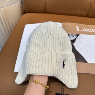 Ralph Lauren Hat Chalk White Side Pony Rib Knit Beanie