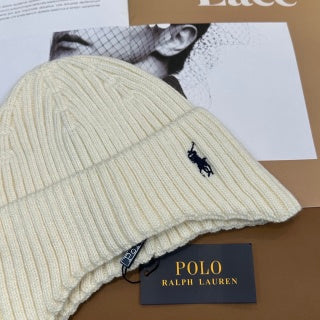 Ralph Lauren Hat Chalk White Side Pony Rib Knit Beanie