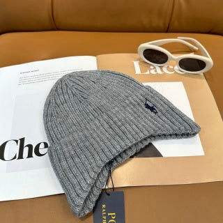 Ralph Lauren Hat Light Gray Side Pony Vertical Rib Beanie