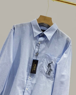 Ralph Lauren Shirt Contrast Embroidered Tencel Linen Blend Long Sleeve Shirt
